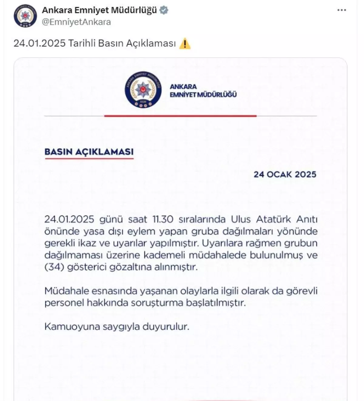 Ankara’da Yasa Dışı Eyleme Müdahale: 34 Gözaltı